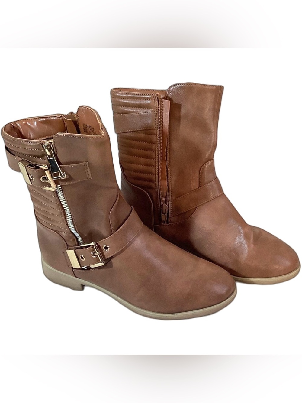 My Style Brown Ankle Boots Size 7 Buckle Detail Side Zip Low Heel